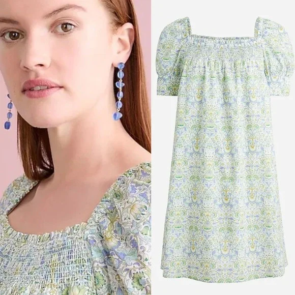 J Crew Afternoon Dress in Liberty Lodden Fabric Lg Smocked Neckline Green Blue - Picture 2 of 12